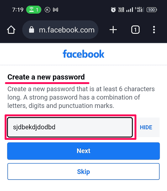 Enter new facebook password